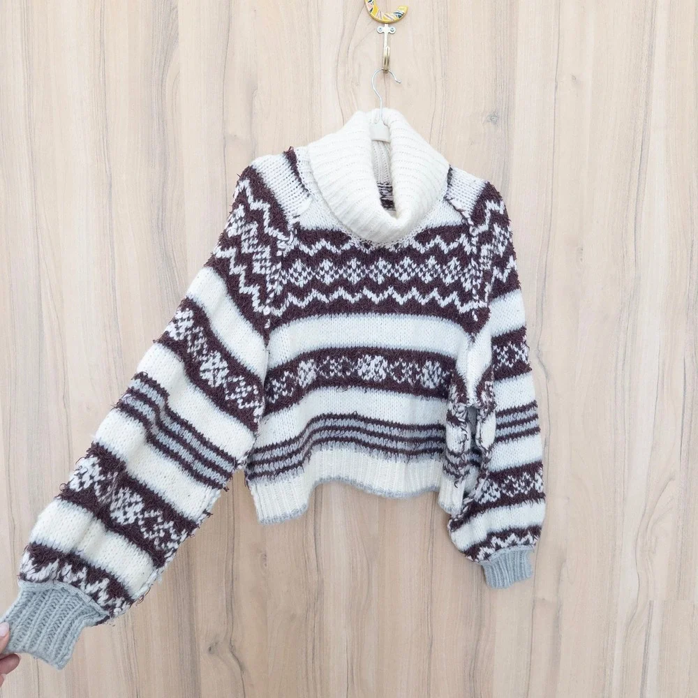 Free People Fair‎ Isle Oversized Turtleneck Sweater Sz M Brown White Apres Ski